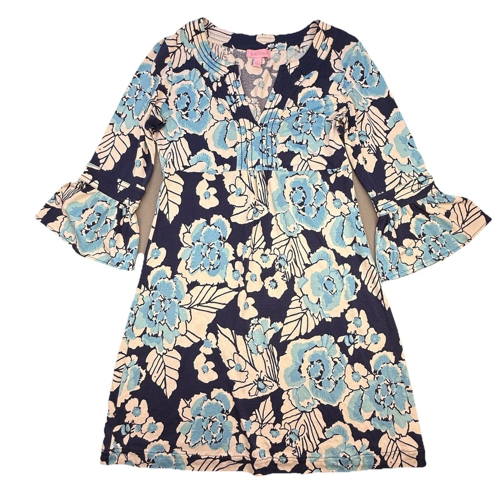 Lilly Pulitzer Dress S Blue Floral Silk Jersey Ruffled Sleeve‎ Mini V-Neck Shift